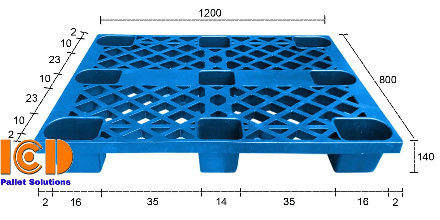 Pallet nhựa cốc ICD KT 800x1200x140mm xanh